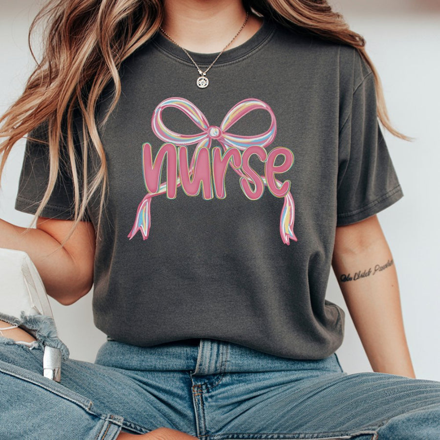 Nurse Coquette Bow T-Shirt | Preppy Aesthetic Pink Nursing Graphic Tee | 100% Cotton Premium Quality | Nurse Appreciation Gift for Her