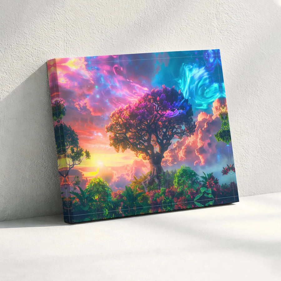 Tree Of Life Canvas Art | Celestial Nebula Sunset Landscape | 1.25 Inch Premium Gallery Wrap | Surreal Nature Wall Decor For Living Room