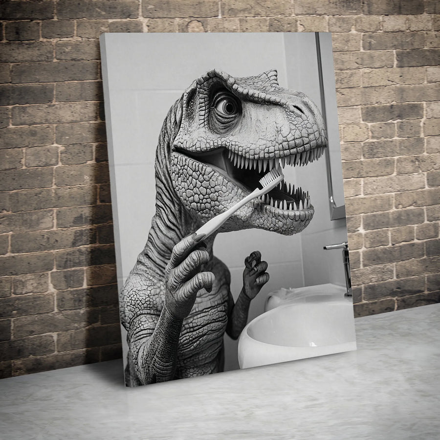 T-Rex Bathroom Wall Art | Funny Dinosaur Brushing Teeth Canvas Print | Premium Gallery Wrapped Decor | Unique Kids Bedroom & Bathroom Gift