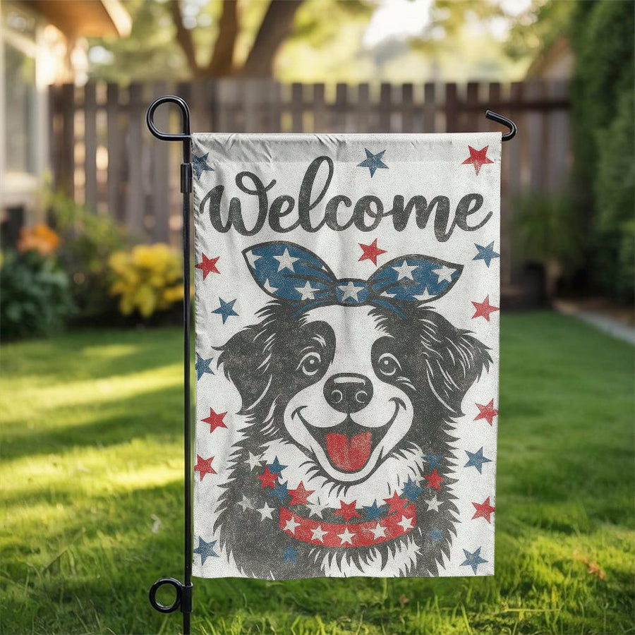 Patriotic Border Collie Garden Flag | Red White Blue Stars Welcome Sign | Premium Weather-Resistant Polyester | 4th of July Outdoor Dog Lover Gift