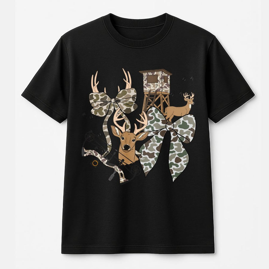 Hunting Season Coquette T-Shirt | Camo Deer Bow Graphic Design | 100% Cotton Premium Tee | Unique Gift For Women Hunters & Outdoors Enthusiasts