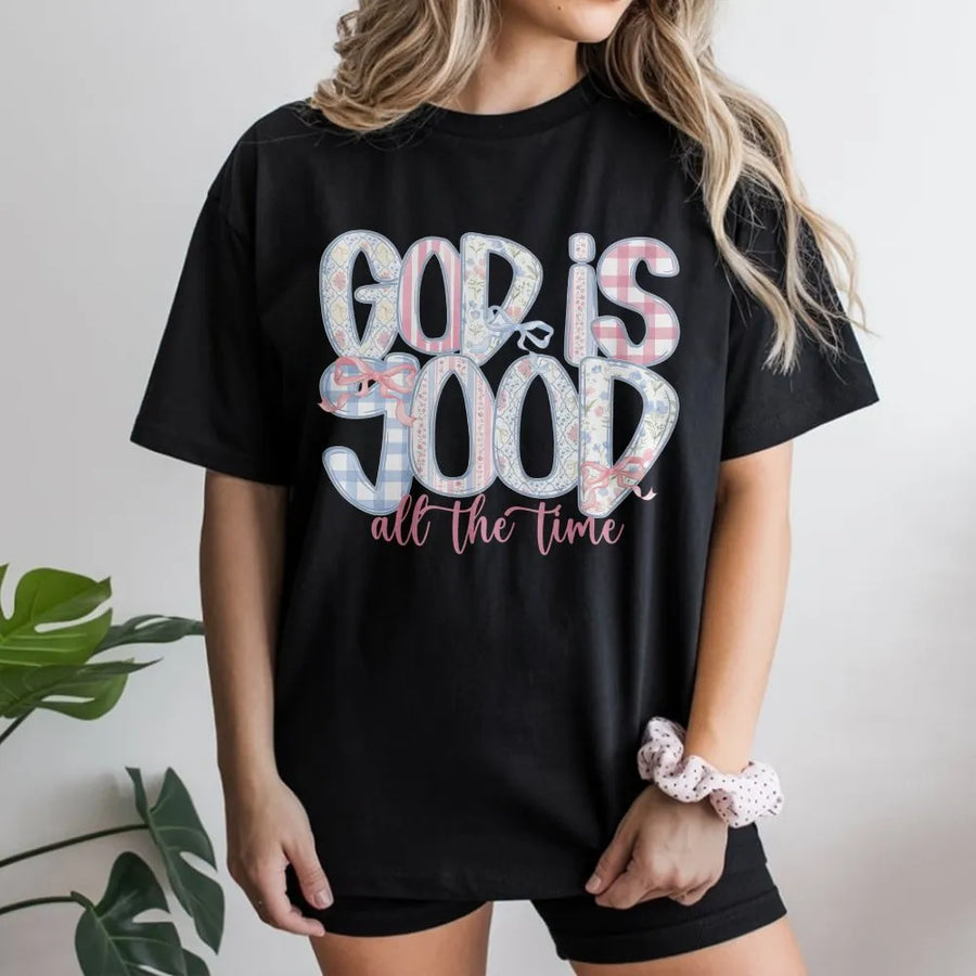 Faith Based T-Shirt | God Is Good Pastel Gingham & Floral Graphic | Soft Cotton Tee | Inspirational Christian Gift for Women