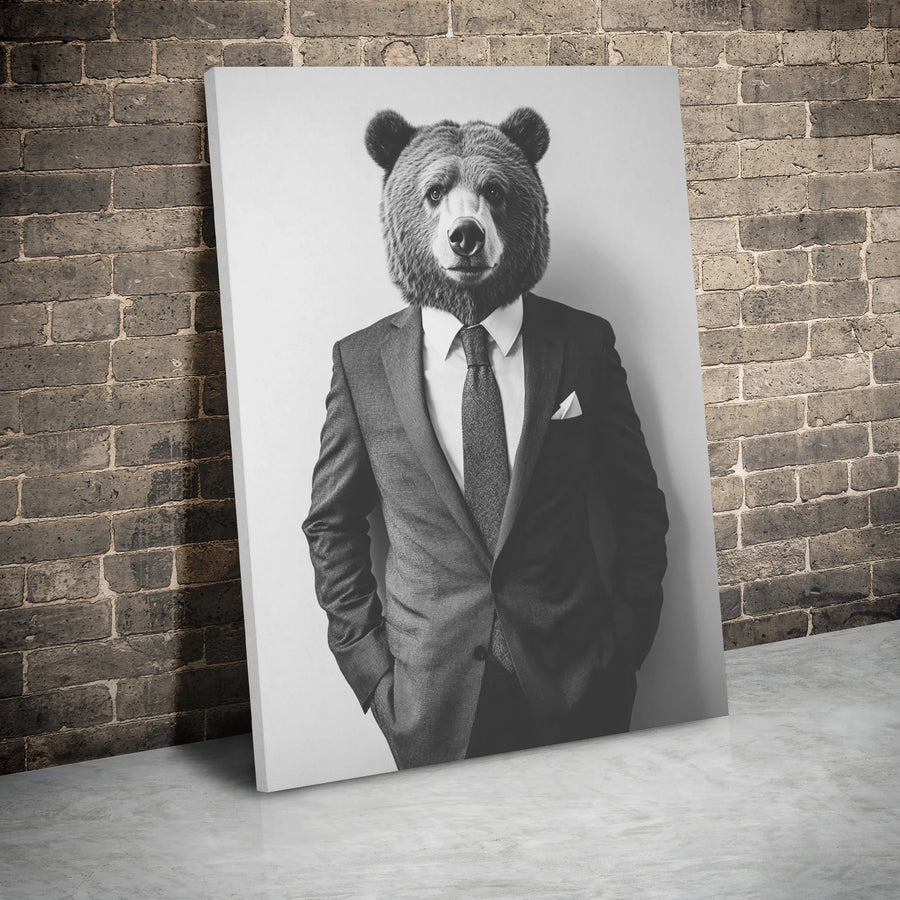 Bear in Suit Canvas Wall Art | Sophisticated Gentleman Animal Portrait | Premium Gallery-Wrapped Print | Unique Office Decor & Modern Home Gift