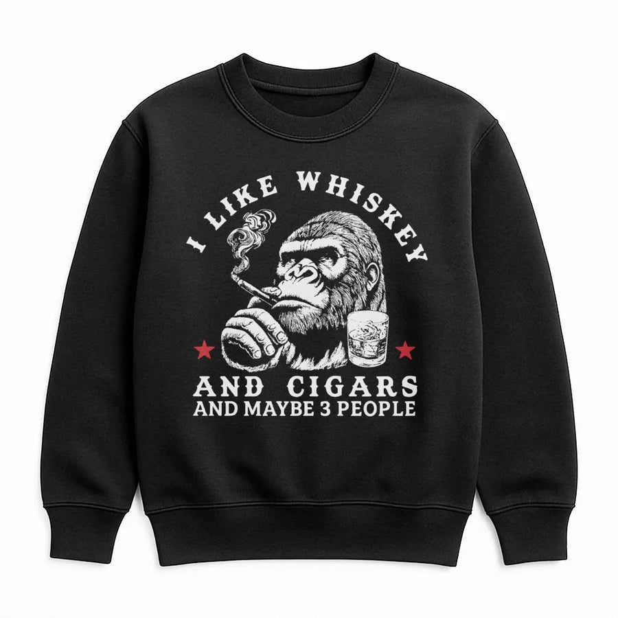 Funny Gorilla Sweatshirt | Whiskey And Cigars Graphic | Premium Cotton Blend Crewneck | Gift For Men Who Like Drinking And Being Alone