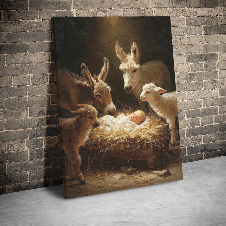 Nativity Scene Canvas Print | Baby Jesus with Animals Wall Art | Premium Gallery Wrap Decor | Religious Christmas Gift for Home