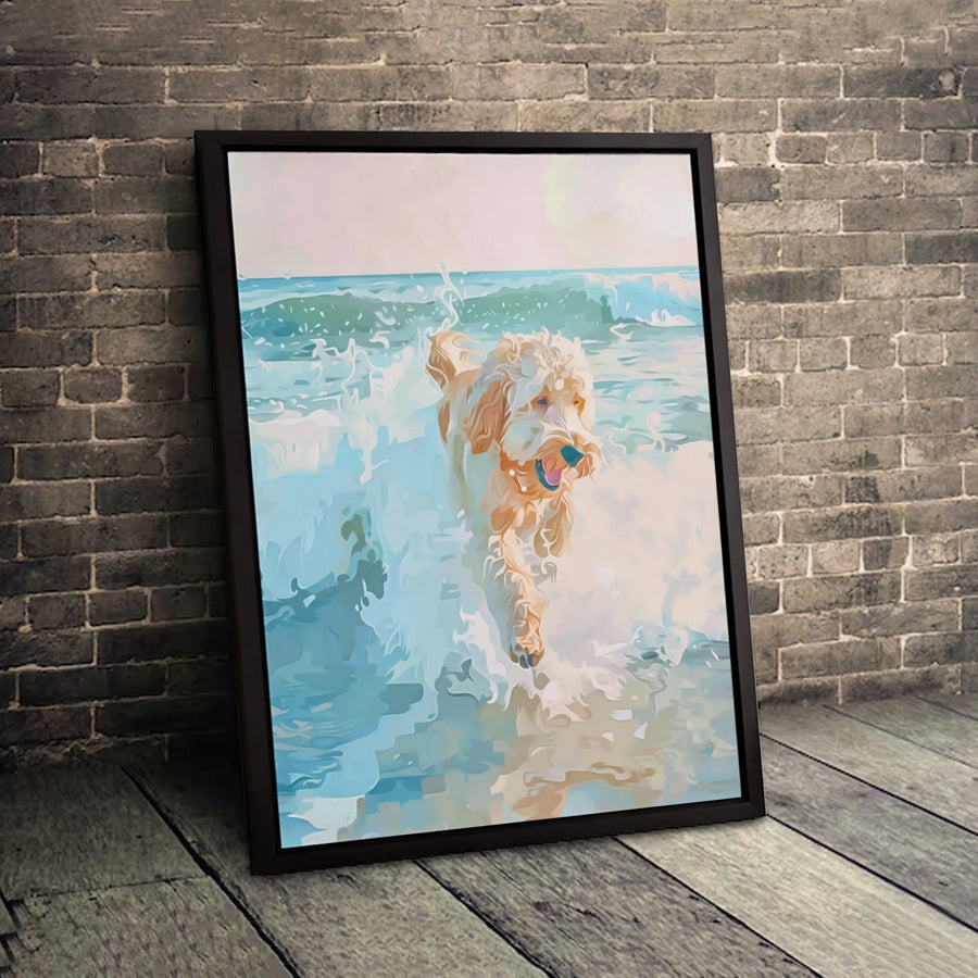 Goldendoodle Dog Canvas Art | Beach Waves Coastal Wall Decor | Premium 1.25" Gallery Wrap | Gift for Dog Lovers