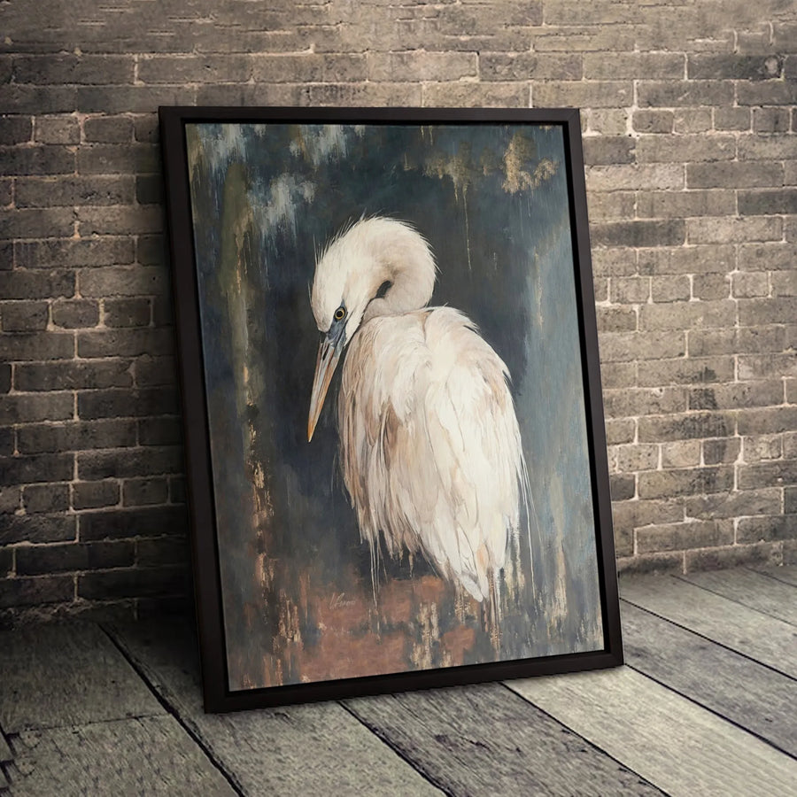 White Egret Canvas Wall Art | Moody Abstract Bird Painting | Premium Gallery Wrapped Print | Sophisticated Coastal Home Decor Gift