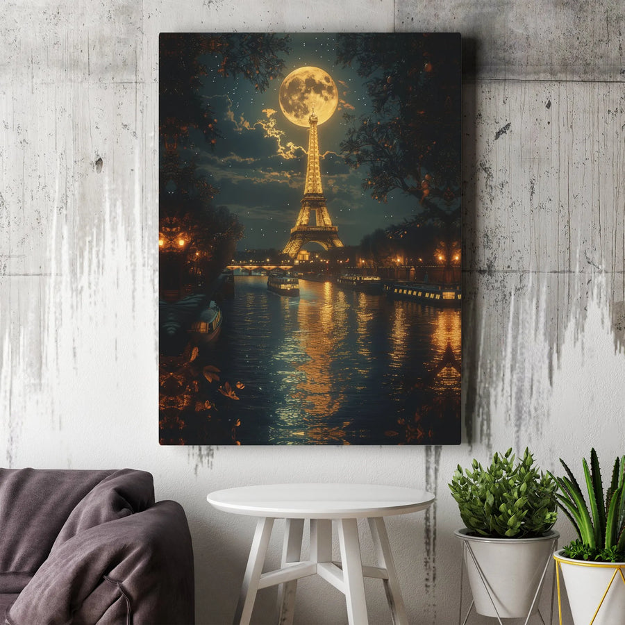 Eiffel Tower Canvas Art | Paris Night Seine River Moon Print | 1.25 Inch Premium Gallery Wrap | Romantic Travel Decor Wall Hanging
