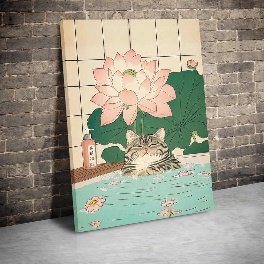 Japanese Cat Wall Art | Ukiyo-E Tabby In Lotus Bath | Premium Gallery Wrapped Canvas | Zen Home Decor Gift for Cat Lovers