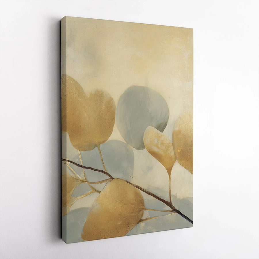 Abstract Gold Leaf Vertical Canvas | Minimalist Botanical Print with Gold Accents | Premium Frameless Gallery Canvas | Modern Home Decor Gift