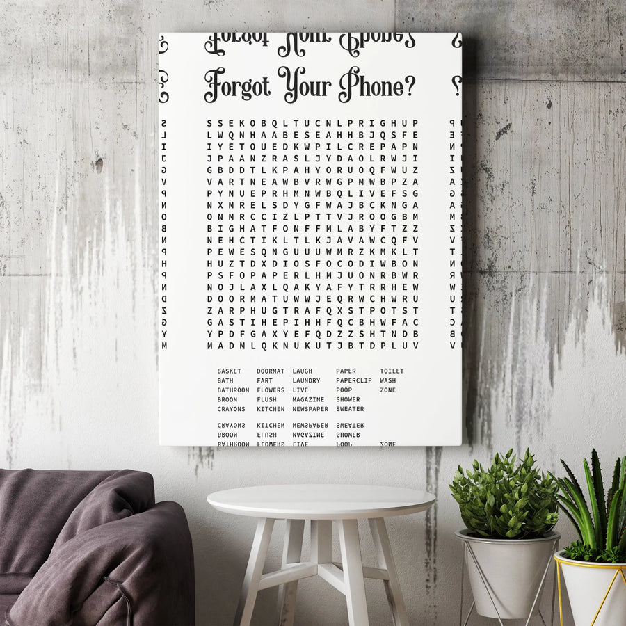 Forgot Your Phone? Funny Bathroom Word Search Canvas | Minimalist Typography Wall Art | Premium Gallery-Wrapped Print | Unique Gag Gift for Restroom Decor