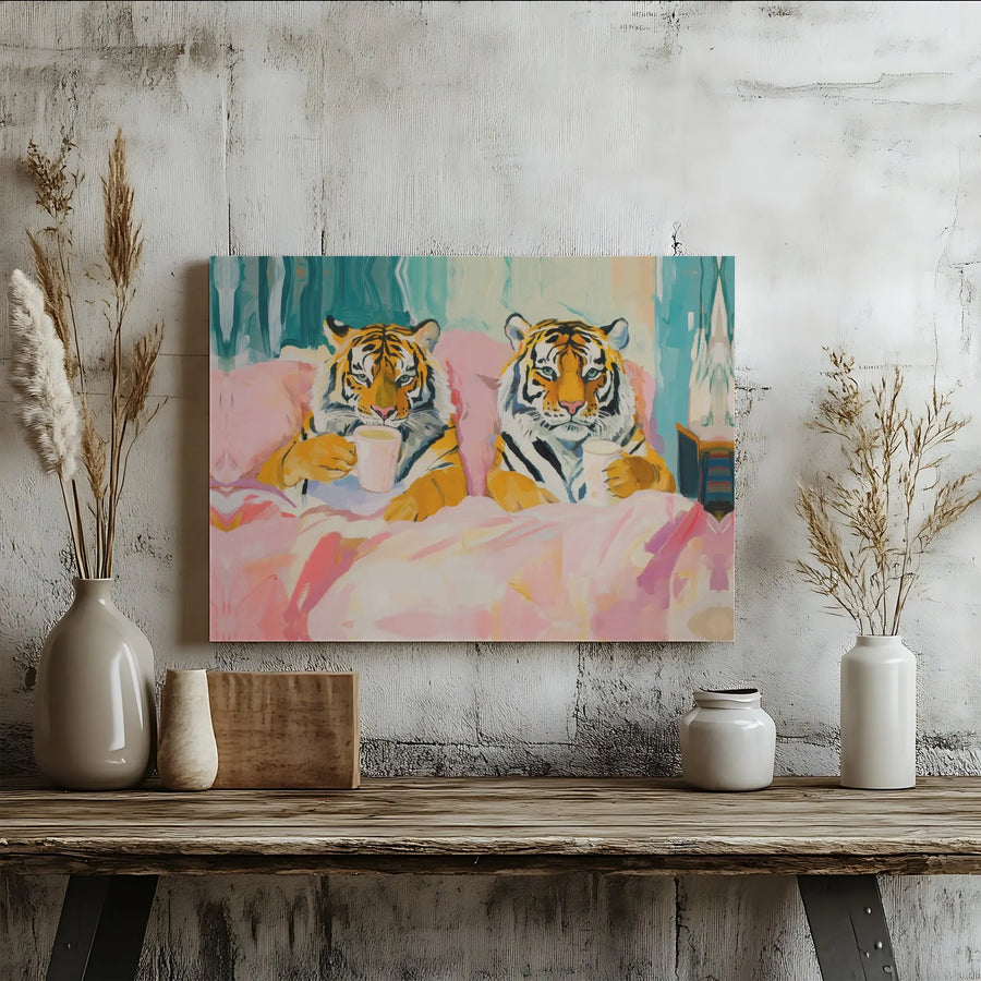 Tiger Coffee Wall Art | Whimsical Tigers in Bed Oil Painting Print | Gallery Wrapped Canvas | Unique Maximalist Home Decor Gift