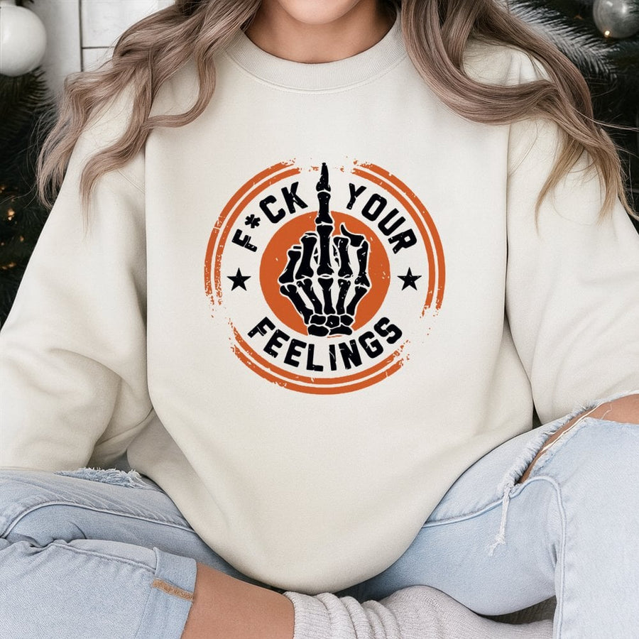 Fuck Your Feelings Sweatshirt | Skeleton Middle Finger Graphic | Cotton Blend Premium Crewneck | Unisex Edgy Streetwear Gift For Him Her