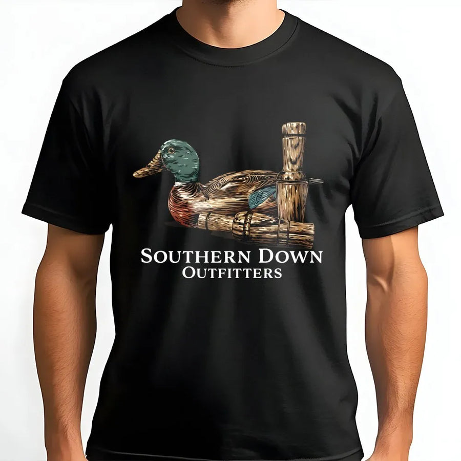 Duck Hunting T-Shirt | Wooden Duck Decoy and Call Graphic | 100% Cotton Premium Tee | Outdoor Sporting Apparel Gift for Hunters