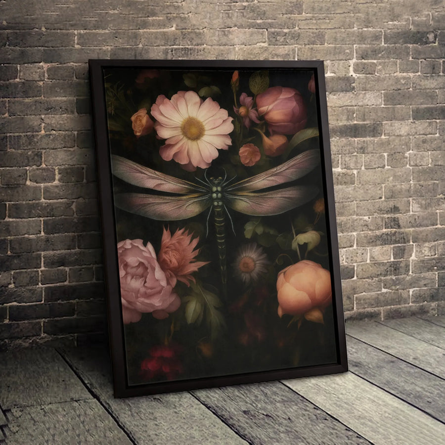 Dragonfly Canvas Wall Art | Moody Botanical Floral Print | Premium 1.25" Gallery Wrap | Dark Cottagecore Home Decor Gift