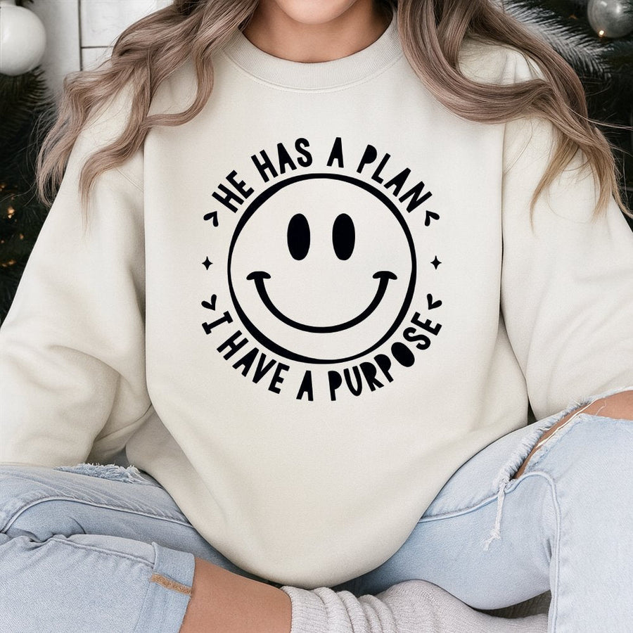 He Has A Plan I Have A Purpose Sweatshirt | Christian Faith Smiley Face Graphic | Soft Cotton Blend Unisex Pullover | Religious Gift For Her Him