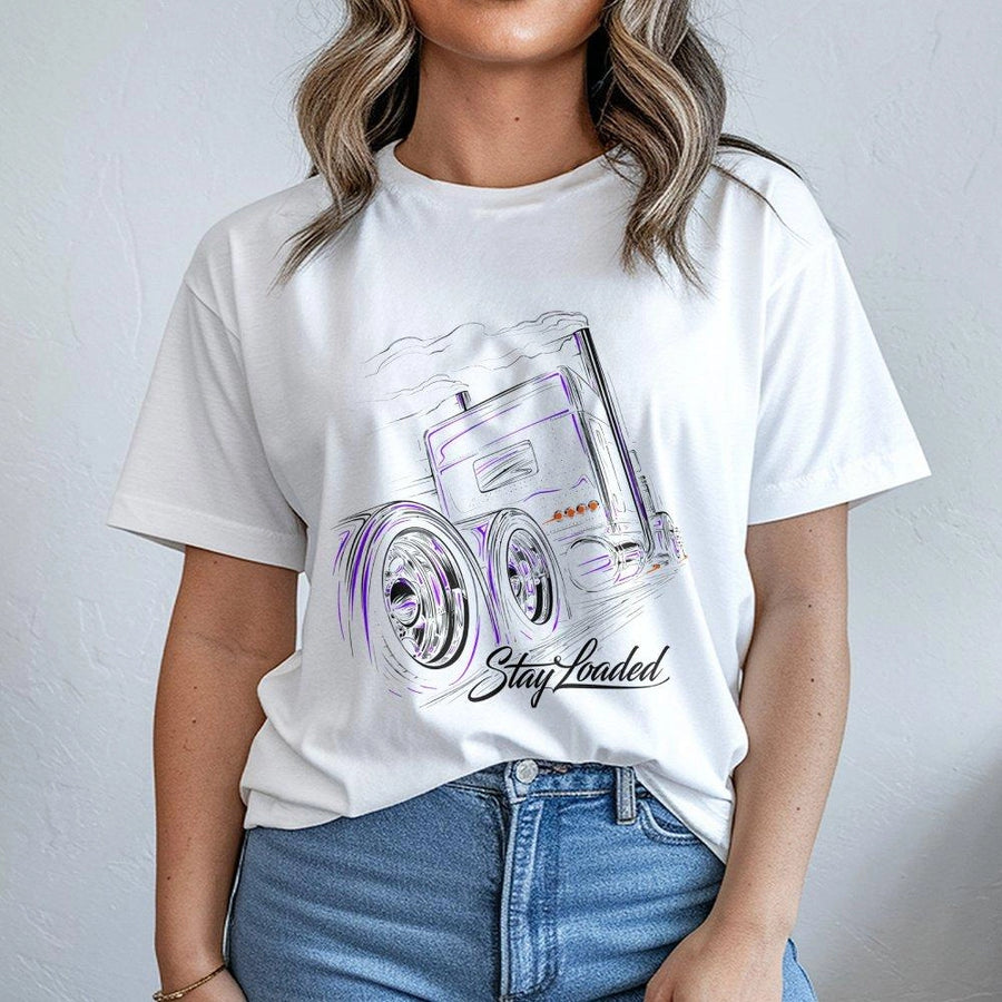 Stay Loaded Trucker T-Shirt | Neon Big Rig Semi Graphic | Premium Soft Cotton Tee | Gift for Truck Drivers and Heavy Duty Automotive Enthusiasts