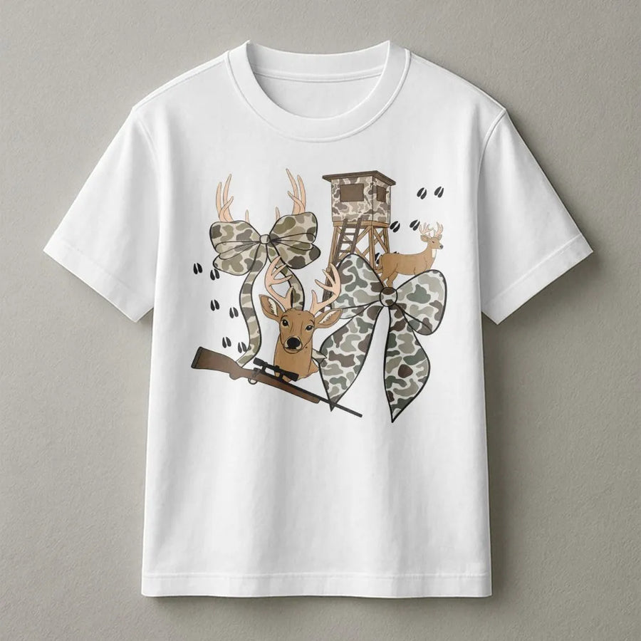 Deer Hunting T-Shirt | Camo Bow Graphic Tee | Premium 100% Cotton Apparel | Outdoor Wildlife Hunter Gift for Men and Women