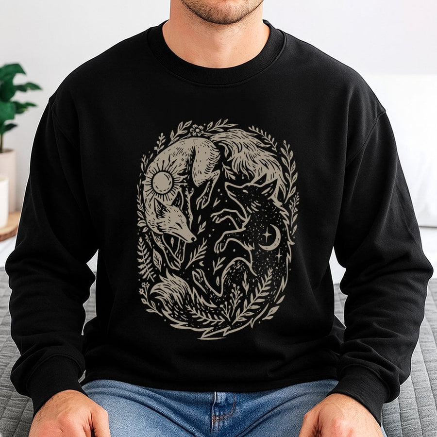Fox Yin Yang Sweatshirt | Celestial Sun and Moon Naturecore Graphic | Premium Cotton Blend Crewneck | Mystical Animal Aesthetic Gift for Her