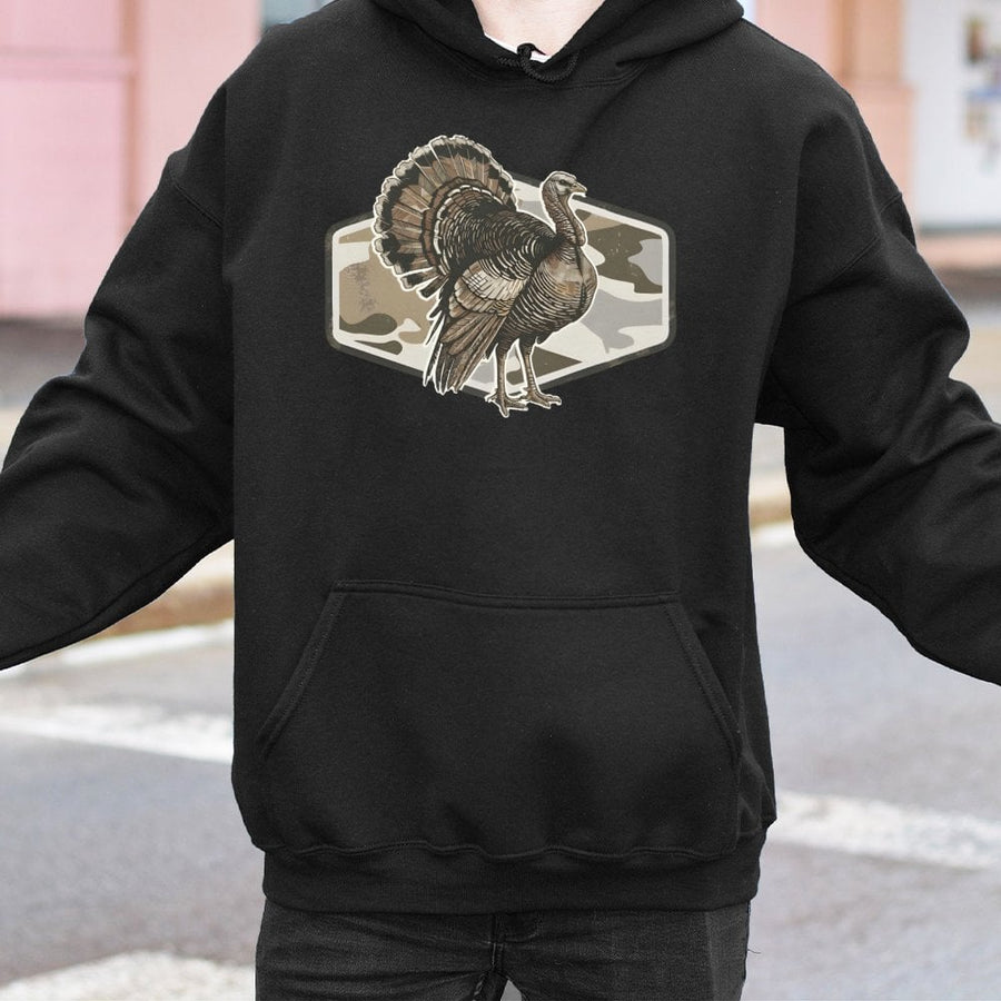 Wild Turkey Camo Hoodie | Rustic Hunting Graphic Print | Premium Cotton-Blend Sweatshirt | Wildlife Enthusiast & Thanksgiving Gift