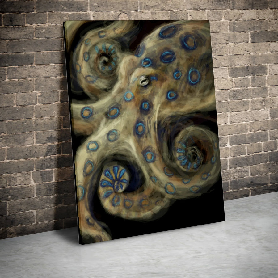 Blue Ringed Octopus Canvas Wall Art | Dark Nautical Painting | Premium Gallery Wrapped Print | Gift for Marine Biologist or Ocean Lover