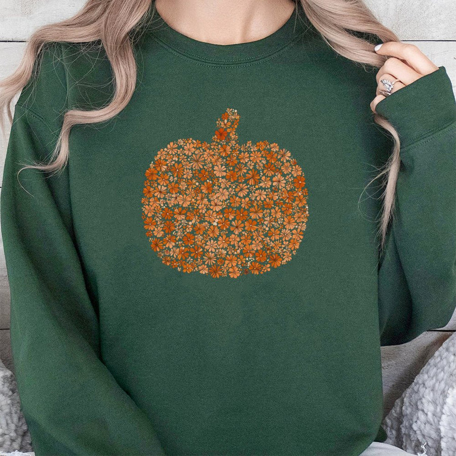 Boho Floral Pumpkin Sweatshirt | Autumn Botanical Aesthetic Graphic | Soft Cotton-Blend Premium Crewneck | Trendy Fall Thanksgiving Gift for Women