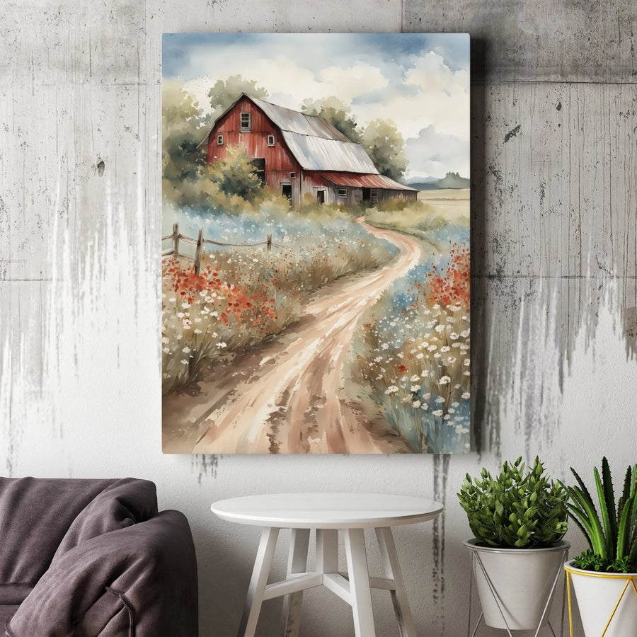 Rustic Red Barn Canvas Wall Art | Watercolor Countryside Painting with Wildflowers | Premium Gallery Wrap Print | Farmhouse Living Room Decor Gift