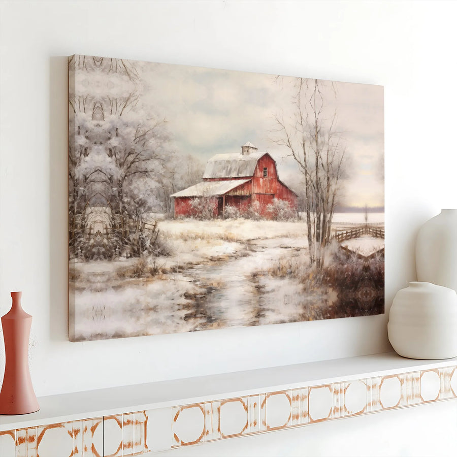 Rustic Red Barn Canvas Art | Snowy Winter Landscape Print | Premium 1.25 Inch Gallery Wrap | Farmhouse Wall Decor Gift For Country Home