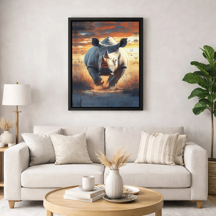 Charging Rhino Canvas Wall Art | Dramatic African Savanna Sunset | Premium Fade-Resistant Gallery Print | Wildlife Home Decor Gift