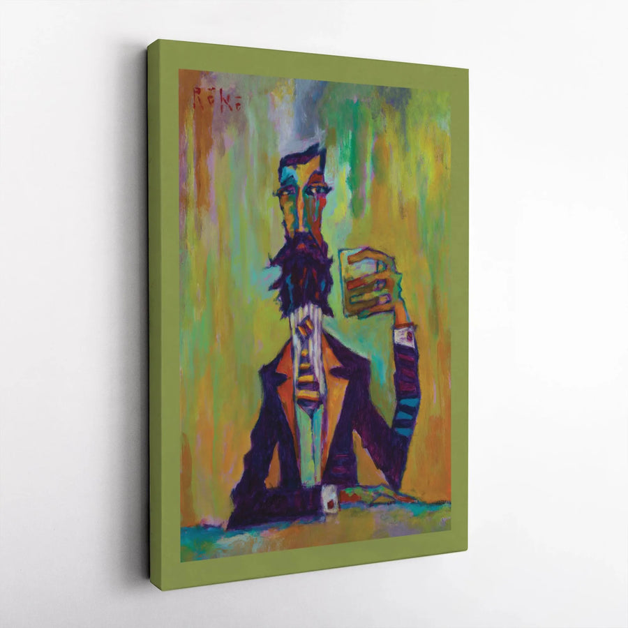 Abstract Bearded Man Canvas Wall Art | Whimsical Expressive Portrait Painting | Premium Gallery Wrapped Decor | Unique Bar Decor Gift for Men