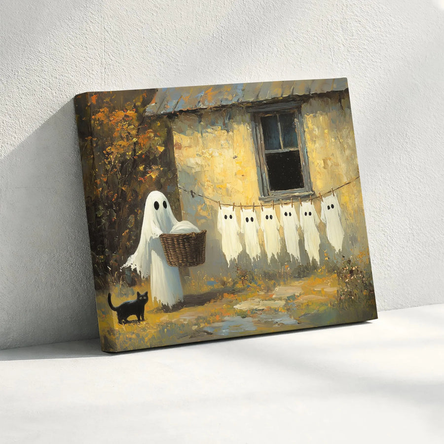 Ghost Doing Laundry Canvas Print | Whimsical Halloween Art with Black Cat | Premium Fade-Resistant Canvas | Unique Spooky Home Decor Gift