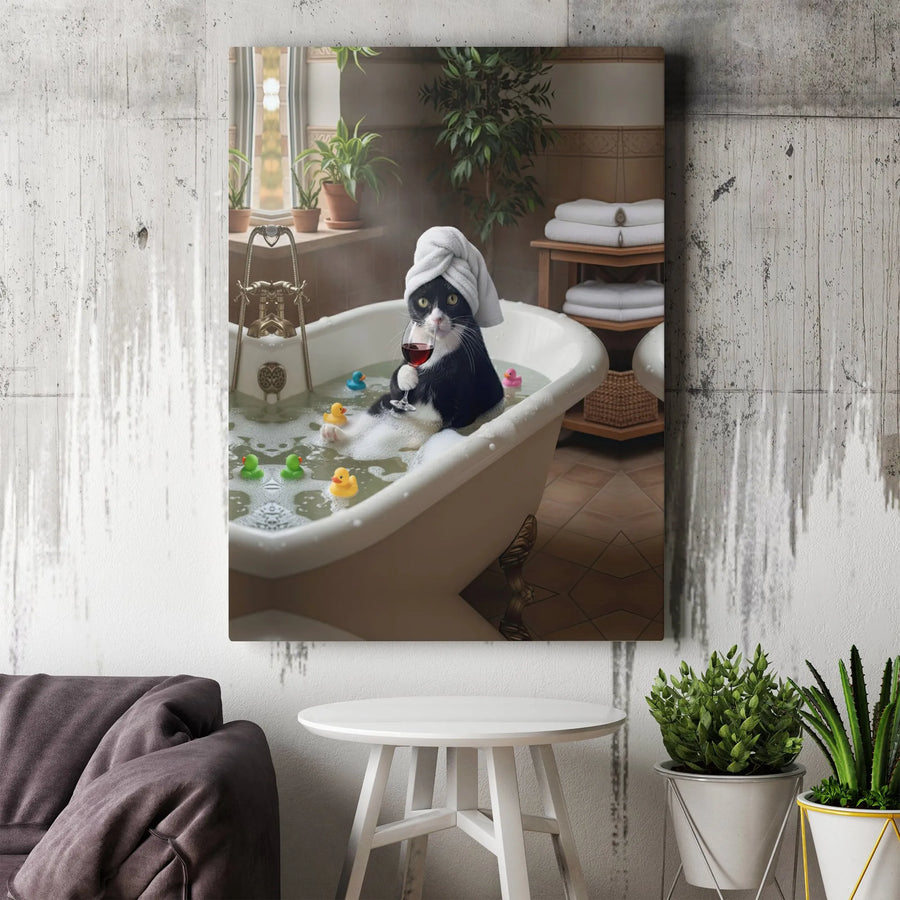 Tuxedo Cat In Bathtub Canvas Art | Funny Animal Bathroom Wall Decor | Premium Gallery Wrap Print | Whimsical Gift For Cat Lovers