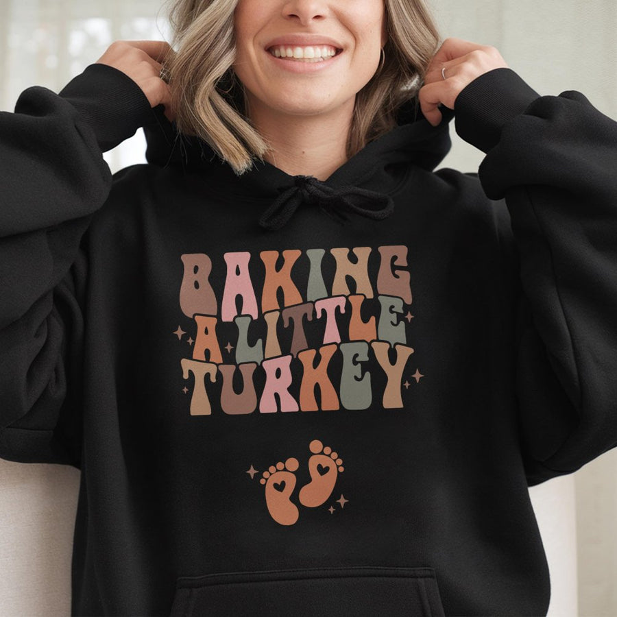 Baking A Little Turkey Hoodie | Retro Thanksgiving Pregnancy Announcement | Premium Cotton-Blend Maternity Top | Fall Baby Reveal Gift