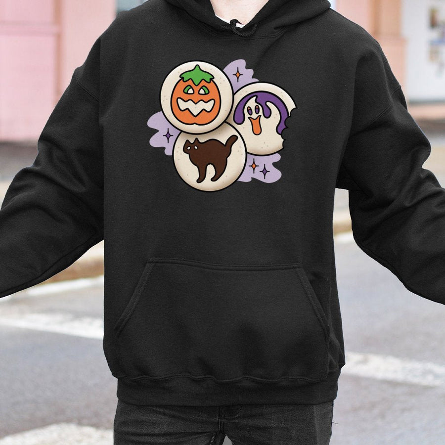 Halloween Cookies Hoodie | Spooky Pumpkin Ghost Black Cat Graphic | Premium Cotton Blend Sweatshirt | Cute Fall Aesthetic Gift for Her