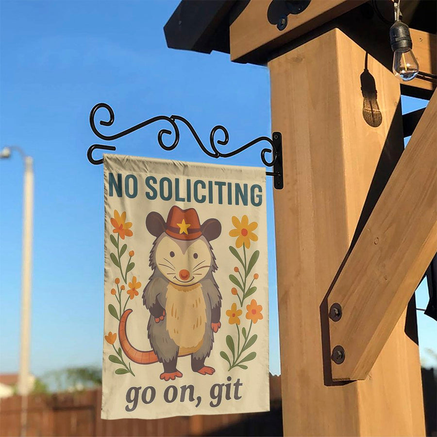 No Soliciting Garden Flag | Cowboy Possum Go On Git Decor | Weather-Resistant Polyester | Funny Porch Sign Gift for Nature Lovers