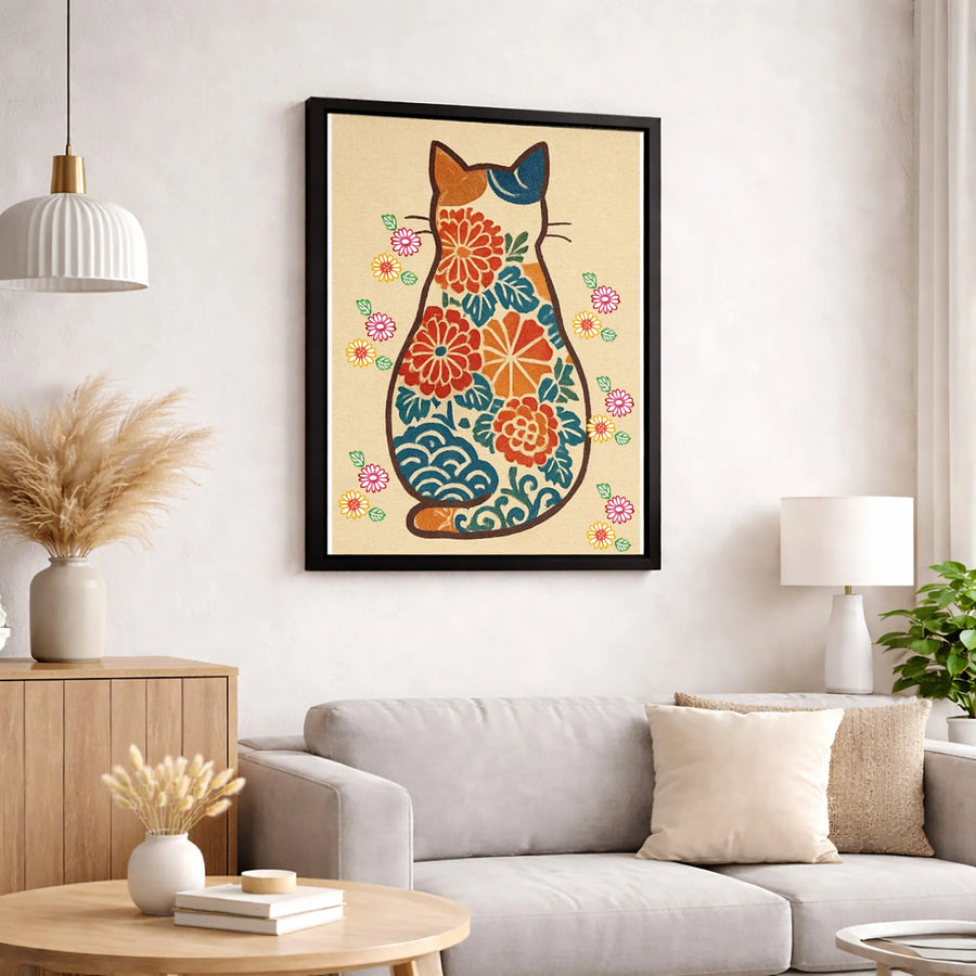 Japanese Calico Cat Wall Art | Floral Chrysanthemum & Wave Design | Premium Fade-Resistant Canvas | Unique Cat Lover Home Decor Gift