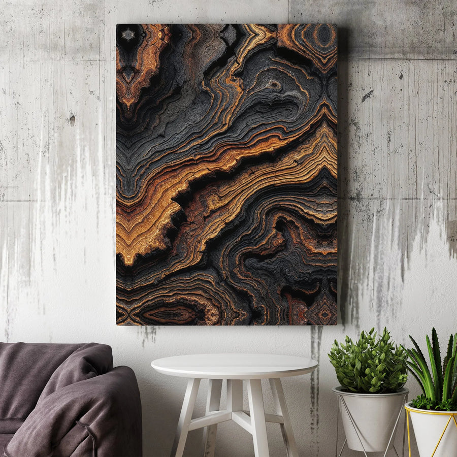 Burnt Wood Texture Canvas Wall Art | Modern Organic Abstract with Gold Veins | Premium Thick Gallery Canvas | Statement Piece for Living Room or Office