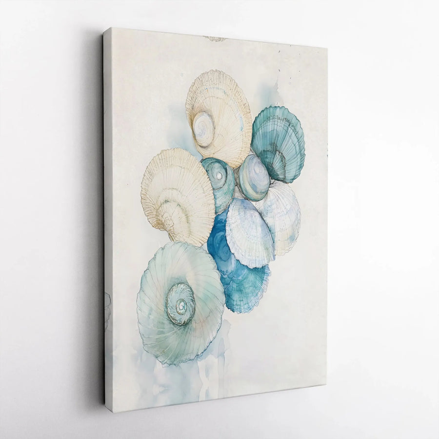 Coastal Seashell Wall Art | Watercolor Shells Print Gallery Wrap | Premium Stretched Canvas | Beach House Decor for Bathroom or Living Room