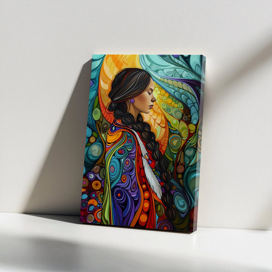Indigenous Woman Canvas Art | Vibrant Abstract Portrait with Feather | Thick Gallery Wrapped Canvas | Modern Spiritual Home Decor Gift