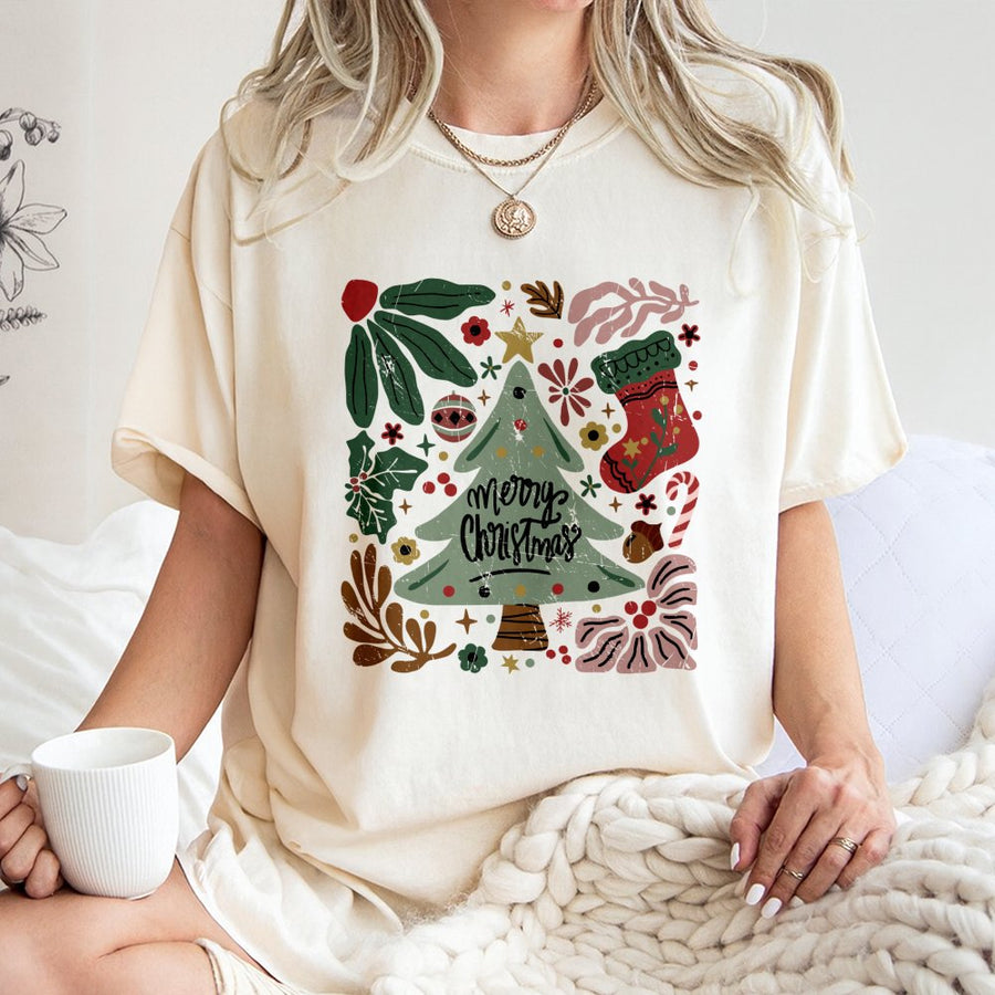 Merry Christmas Tree T-Shirt | Vintage Botanical Holiday Illustration | Premium 100% Cotton | Cute Festive Graphic Tee Gift for Him and Her