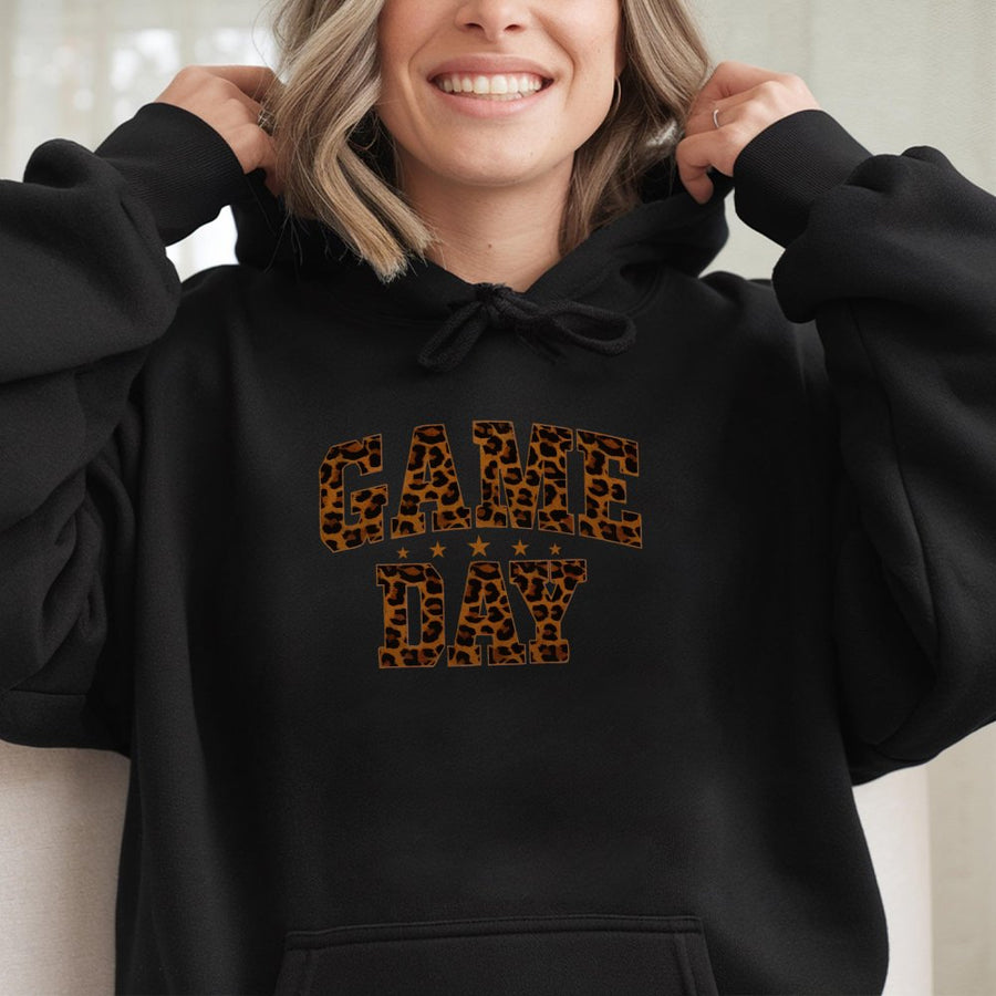 Game Day Leopard Print Hoodie | Football Season Graphic Sweatshirt | Premium Cotton Blend | Cute Tailgate Outfit Gift For Her