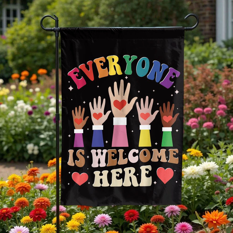 Everyone Is Welcome Here Garden Flag | Colorful Diversity Inclusion Yard Decor | Premium Weather-Resistant Polyester | Outdoor Welcome Sign Gift