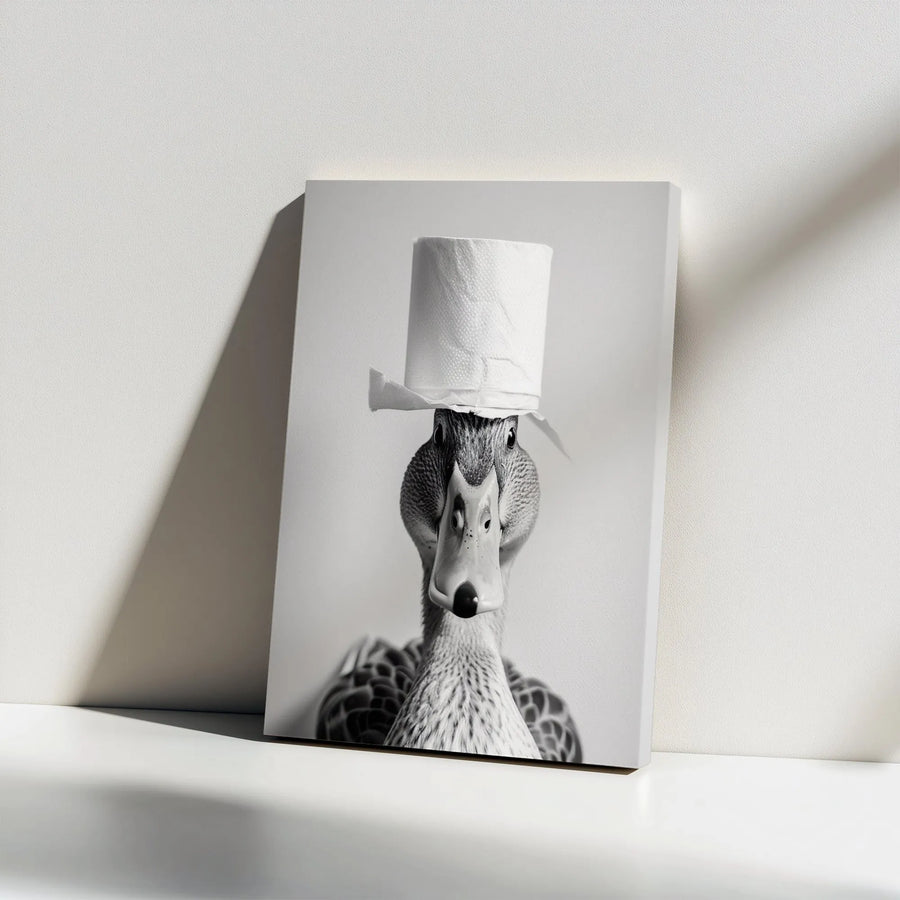 Funny Duck Bathroom Canvas Art | Quirky Animal with Toilet Paper Hat | Premium Black and White Print | Humorous Restroom Decor Gift