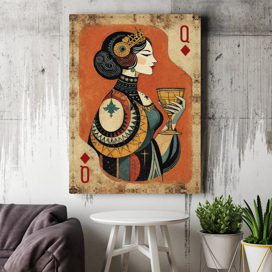 Queen of Diamonds Playing Card Canvas | Vintage Boho Tarot Style Art | Premium Gallery Wrapped Print | Unique Home Decor Gift