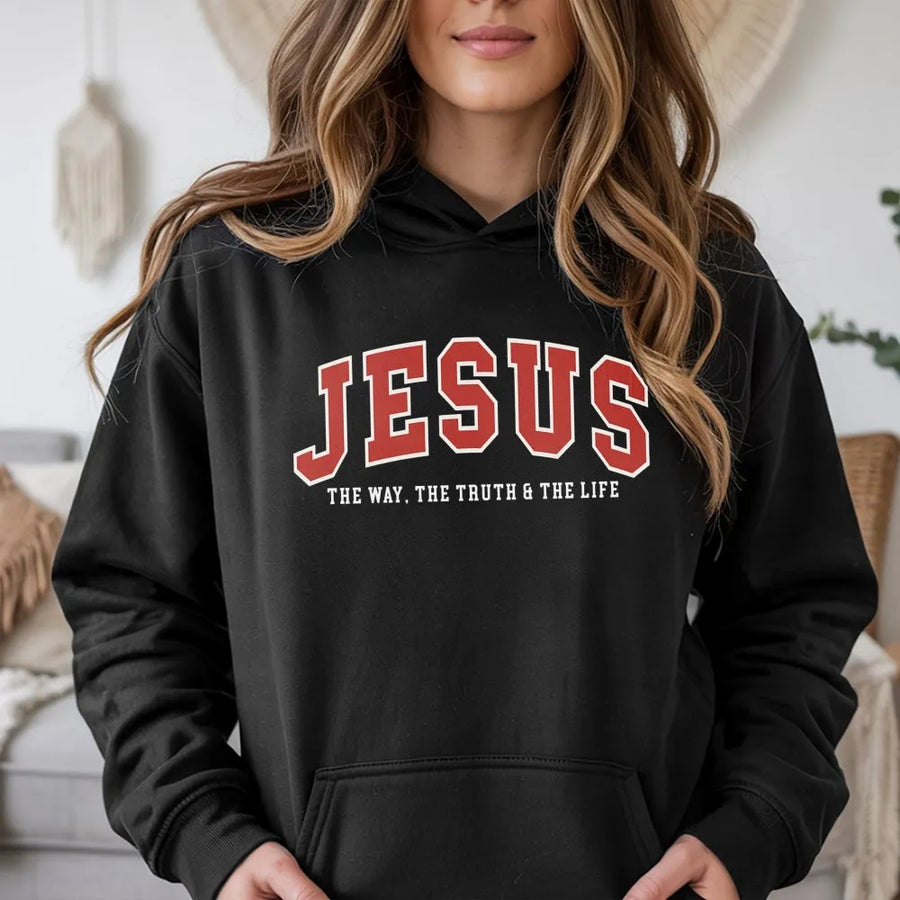 Jesus The Way The Truth The Life Hoodie | Varsity Lettering Aesthetic | Premium Cotton Blend | Christian Faith Gift Apparel