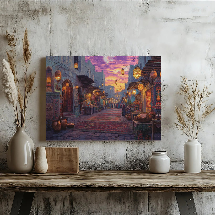 Arabian Night Market Canvas Wall Art | Vibrant Bazaar Street Scene with Lanterns | Premium Gallery-Wrapped Print | Exotic Home Decor Gift