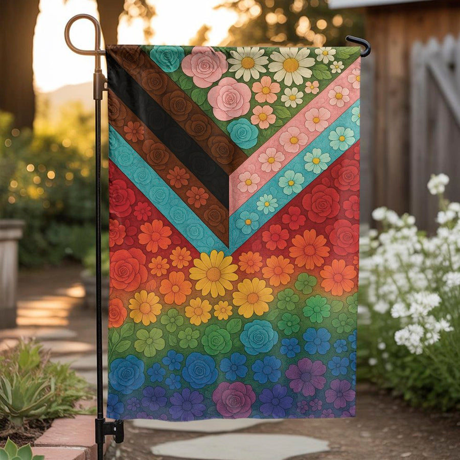 Progress Pride Garden Flag | Floral Inclusive Rainbow Chevron Design | Durable Double-Sided Polyester | LGBTQ+ Outdoor Yard Decor Gift