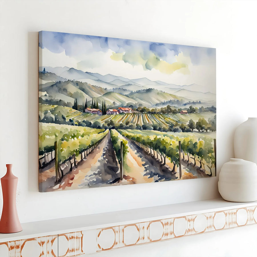 Tuscan Vineyard Canvas Wall Art | Watercolor Italian Countryside Painting | Thick Gallery Wrap Canvas | Farmhouse Kitchen Decor Gift