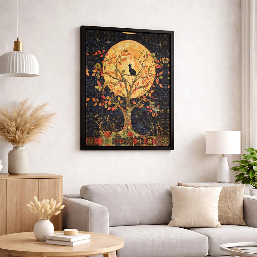 Black Cat Tree of Life Canvas Art | Full Moon Silhouette Print | Premium Gallery Wrapped Decor | Whimsical Fall Wall Art Gift for Cat Lovers