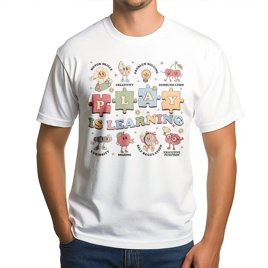 Play is Learning Teacher T-Shirt | Retro Play Based Learning Graphic | Soft Cotton Blend | Gift for Kindergarten & Preschool Educator
